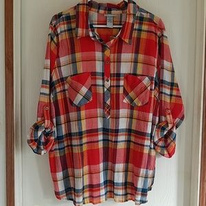 Catherine's button front plaid blouse